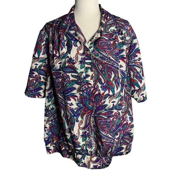Vintage Paisley Pullover Top XL White Buttons Collar Elastic Waist Short Sleeves - Picture 1 of 7